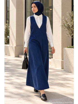 Polo State Kadın Tesettür Derin V Yaka Denim Jile Elbise