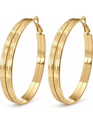 Zeino Çizgi Desenli Retro Halka Küpe - 14K Altın Kaplama - 5 cm Çap