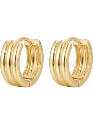 Zeino Çizgili Çelik Halka Küpe - 14K Altın Kaplama - 16 mm Çap