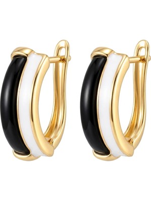 Zeino Siyah Beyaz Mineli Klipsli Küpe - 14K Altın Kaplama - 2 cm