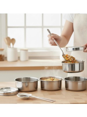Maison Luré Paslanmaz Çelik 4 Katlı Sefer Tası Kancalı Kulplu Yemek Saklama Kabı Yemek Kabı