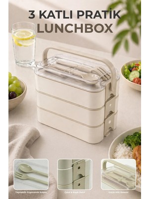 Maison Luré 3 Katlı Bölmeli Kilitli Lunchbox Taşıma Saplı Kaşık Çatal Dahil Yemek Kabı