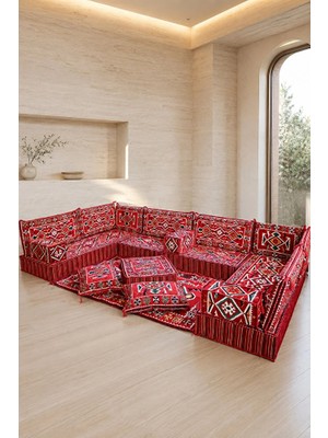 Feyza Decor Home Kapadokya Kırmızı Kilim Desenli 20 cm Yüksek Şark Köşesi Takımı