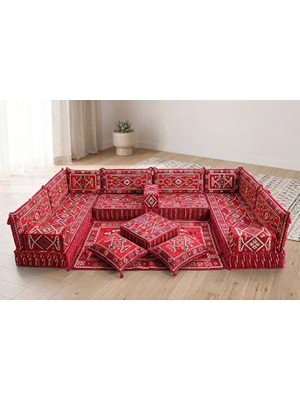 Feyza Decor Home Kırmızı Anadolu Desenli Geleneksel Yer Minderi ve Sırt Dayama Seti (20 Cm)
