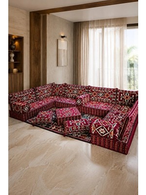 Feyza Decor Home Kervansaray Bordo Kilim Desenli 20 cm Yüksek Şark Köşesi Takımı