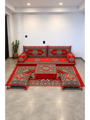Feyza Decor Home Otantik Saraylı Desenli 9 Parça Şark Köşesi Puf ve Kilim Seti