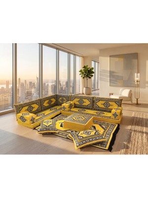 Feyza Decor Home Saraylı Desenli Modern Yer Sofrası ve Balkon Minder Takımı - 10 cm Kalın Süngerli Tam Set