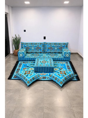 Feyza Decor Home Anadolu Desenli 9 Parça Şark Köşesi Puf ve Kilim Takımı
