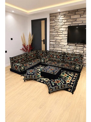 Feyza Decor Home Anadolu Şark Köşesi Takımı 13 Parça | Kilim ve Puf Dahil Süngerli Sedir Seti