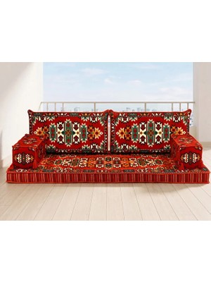 Feyza Decor Home Kırmızı Kilim Desenli Şark Köşesi - Modern Yer Sofrası Minderi - Bahçe ve Balkon Sedir Takımı