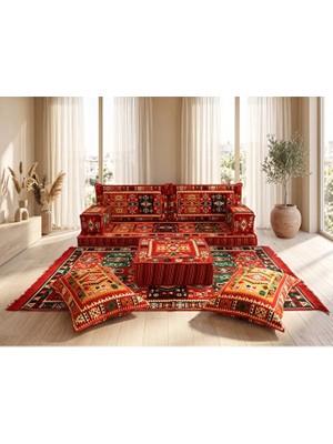 Feyza Decor Home Şark Köşesi Takımı - Kilim Desenli Yer Minderi Seti - Orta Puflu ve Kırlentli Modern Sedir Takımı 9 Parça Kırmızı