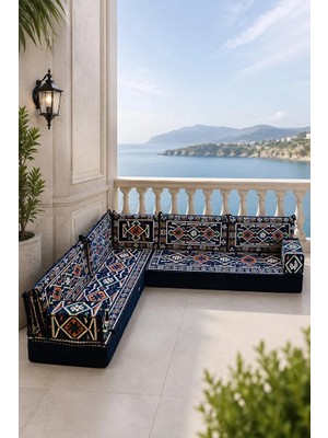 Feyza Decor Home 20 cm Süngerli Lacivert Yahyalı Desenli 9 Parça L Şark Köşesi Takımı