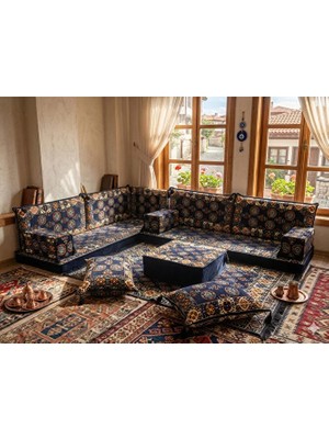 Feyza Decor Home Lacivert Etnik Desenli Yer Minderi - Modern L Şark Köşesi - Fermuarlı Yıkanabilir Komple Şark Köşesi Seti