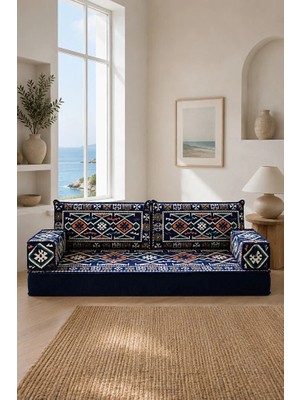 Feyza Decor Home Lacivert Anadolu Desenli 5 Parça Şark Köşesi Minder Takımı - 20 cm