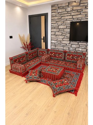 Feyza Decor Home Otantik Şili Desen Şark Köşesi – 13 Parça Süngerli Sedir, Kilim ve Puf Takımı