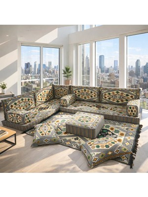 Feyza Decor Home Gri Modern L Şark Köşesi Takımı - Geometrik Kilim Desenli Büyük Boy Yer Minderi Seti - Balkon ve Teras Sedir