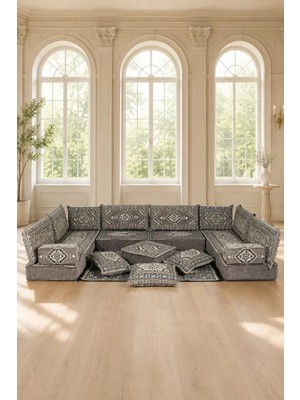 Feyza Decor Home Klasik Gri Çini Desenli 20 cm Yüksek Şark Köşesi Takımı