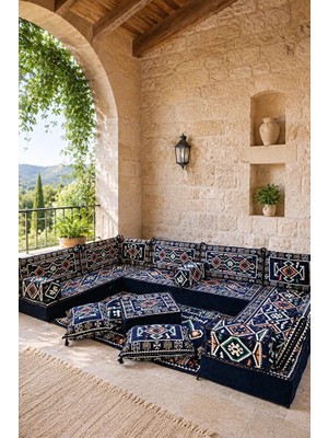 Feyza Decor Home Yahyalı Lacivert Kilim Desenli 20 cm Yüksek Şark Köşesi Takımı