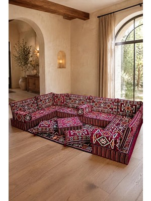 Feyza Decor Home Kervan Bordo Kilim Desenli 20 cm Yüksek Şark Köşesi Takımı
