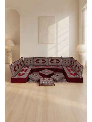 Feyza Decor Home Safran Bordo Çini Desenli 20 cm Yüksek Şark Köşesi Takımı