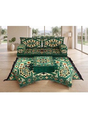 Feyza Decor Home Şark Köşesi Takımı - Otantik Kilim Desenli Yer Minderi Seti - Puflu ve Kırlentli Teras Sedir Grubu