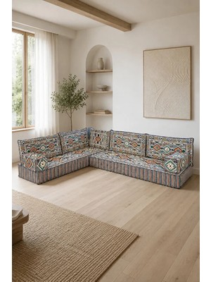 Feyza Decor Home 20 cm Süngerli Gri Anadolu Desenli 9 Parça L Şark Köşesi Takımı