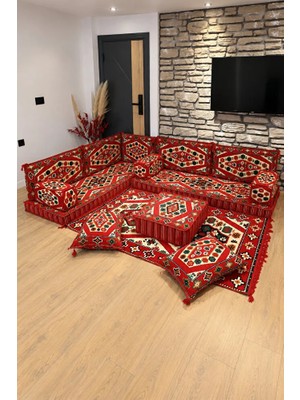 Feyza Decor Home Otantik Yörük Desen Şark Köşesi – 13 Parça Süngerli Sedir, Kilim ve Puf Takımı