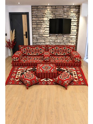 Feyza Decor Home Otantik Yörük Desenli 9 Parça Şark Köşesi Puf ve Kilim Seti