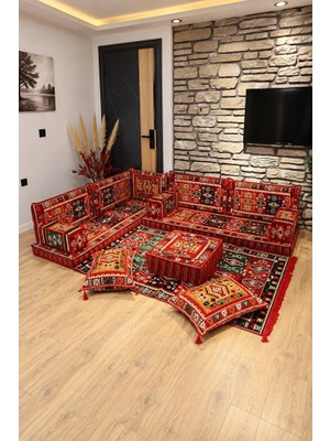Feyza Decor Home Otantik Milas Desen Şark Köşesi – 13 Parça Süngerli Sedir, Kilim ve Puf Takımı