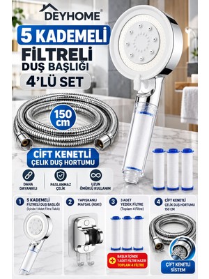 DEYHOME 4’lü Set 5 Kademeli Filtreli Duş Başlığı Beyaz/Krom + 150 cm Çift Kenetli Çelik Duş Hortumu + Yapışkanlı Mafsal + 4 Filtre