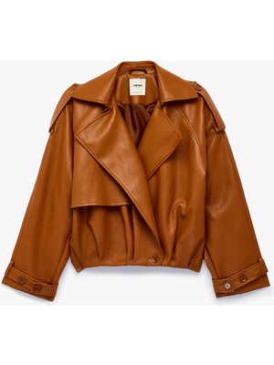 Koton Uzun Kollu Düğmeli Crop Oversize Suni Deri Kruvaze Yaka Bomber Ceket