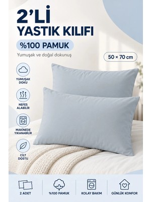 Maison Luré Açık Mavi %100 Pamuk Ranforce 2'li Yastık Kılıfı Seti