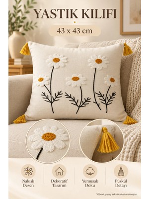 Maison Luré Punch Kırlent Kılıfı Papatya Desenli Püsküllü 43X43 cm Yastık Kılıfı