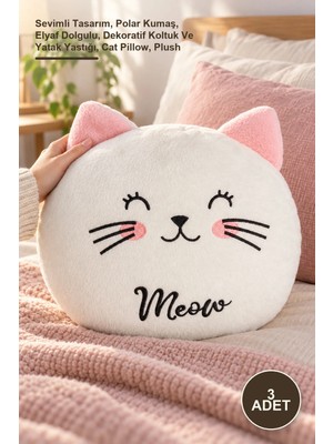 Maison Luré Sevimli Tasarım Peluş Kedi Yastık, Polar Kumaş, Elyaf Dolgulu 3 Adet