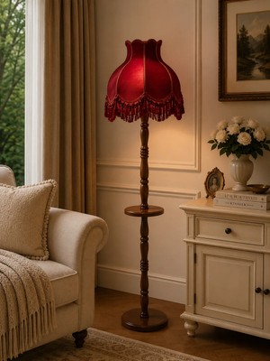 dekovien Bordo Kadife Kaplı Püsküllü Başlık Doğal Ahşap Sehpalı Ayaklı Vintage Lambader 170X45CM