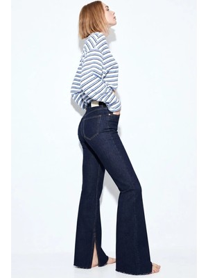 Hiccup Kadınlar H74 Slim Fit Ispanyol Paça Jean Koyu Mavi Denim