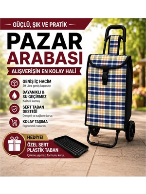 Köklü Züccaciye Su Geçirmez Ekose Pazar Arabası 29 Lt Geniş Hacimli Özel Sert Taban Destekli Alışveriş Arabası