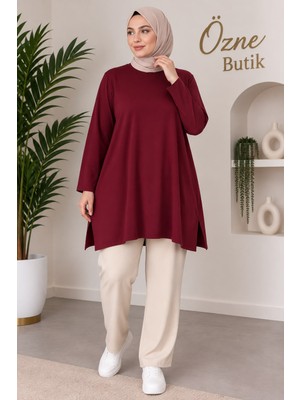 Özne Butik Büyük Beden Bisiklet Yaka Yırtmaçlı Penye Tunik