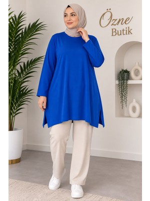 Özne Butik Büyük Beden Bisiklet Yaka Yırtmaçlı Penye Tunik