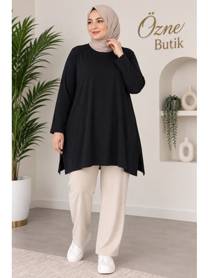Özne Butik Büyük Beden Bisiklet Yaka Yırtmaçlı Penye Tunik