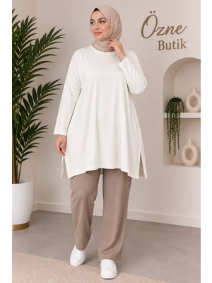 Özne Butik Büyük Beden Bisiklet Yaka Yırtmaçlı Penye Tunik
