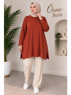 Özne Butik Büyük Beden Bisiklet Yaka Yırtmaçlı Penye Tunik