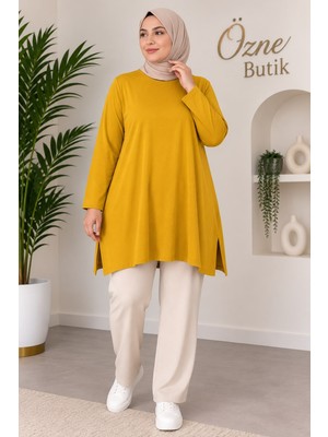 Özne Butik Büyük Beden Bisiklet Yaka Yırtmaçlı Penye Tunik