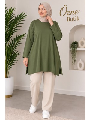 Özne Butik Büyük Beden Bisiklet Yaka Yırtmaçlı Penye Tunik