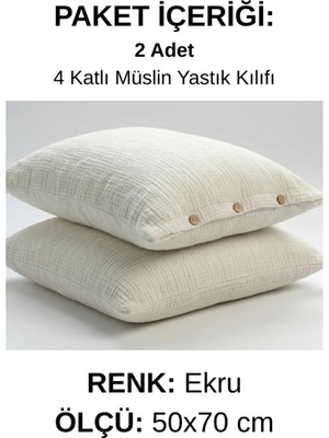 Maison Luré 4 Kat Müslin Yastık Kılıfı 2'li Set 50X70 cm %100 Pamuk Yumuşak Dokulu