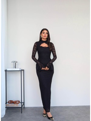 Esra Helvacı Ispanyol Kol Dantel Uzun Elbise