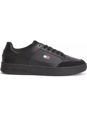Tommy Hilfiger Erkek Hakiki Deri Kontrast Dokulu Delikli Yüzey Logolu Siyah Sneaker EM0EM01792-BDS