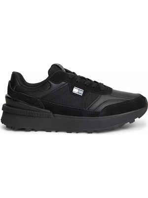 Tommy Hilfiger Erkek Süet ve Tekstil Karma Yüzey Logolu Koşu Tarzı Siyah Sneaker EM0EM01775-0GJ