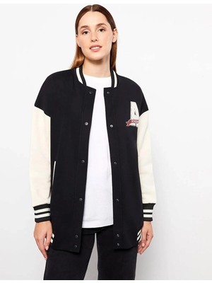 LC Waikiki Lcw Modest Siyah Bomber Yaka Nakışlı Kadın Kolej Ceket