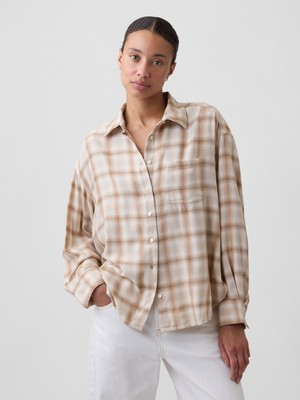 Gap Kadın Bej Flannel Oversized Gömlek